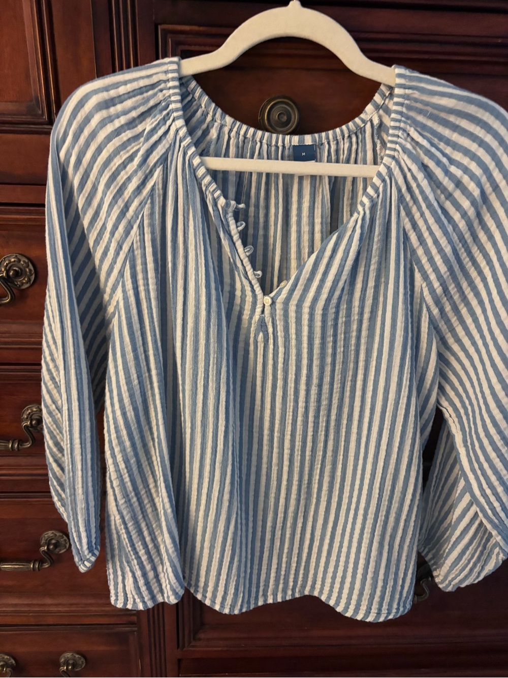 Old Navy Light Blue and White Striped Peasant Blouse - Women's Top